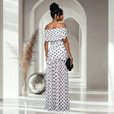 Women Off Shoulder Polka Dot Maxi Dress Ruched Bodycon Side Split Long Dress Elegant Evening Party Wedding Guest Formal Dresses