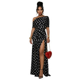 Women Off Shoulder Polka Dot Maxi Dress Ruched Bodycon Side Split Long Dress Elegant Evening Party Wedding Guest Formal Dresses