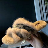 Faux Fur Design Women Home Slippers Solid Color Open Toe House Indoor Winter Flat Non-slip Leisure Interior Female Shoes
