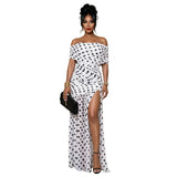 Women Off Shoulder Polka Dot Maxi Dress Ruched Bodycon Side Split Long Dress Elegant Evening Party Wedding Guest Formal Dresses