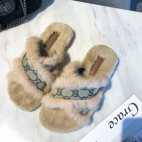 Faux Fur Design Women Home Slippers Solid Color Open Toe House Indoor Winter Flat Non-slip Leisure Interior Female Shoes