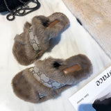 Faux Fur Design Women Home Slippers Solid Color Open Toe House Indoor Winter Flat Non-slip Leisure Interior Female Shoes
