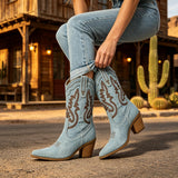 AZMODO Denim Cowboy Boots – Pointed Toe Block Heel