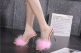 Yellow Fluffy Feather Mule Heels for Women Clear Stiletto Pointed Toe Slip‑On Party High Heels