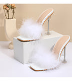 AZMODO White Feather Open Toe Clear Heel Sandals
