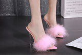 Yellow Fluffy Feather Mule Heels for Women Clear Stiletto Pointed Toe Slip‑On Party High Heels