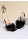 AZMODO White Feather Open Toe Clear Heel Sandals