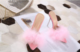 Yellow Fluffy Feather Mule Heels for Women Clear Stiletto Pointed Toe Slip‑On Party High Heels
