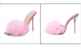 Yellow Fluffy Feather Mule Heels for Women Clear Stiletto Pointed Toe Slip‑On Party High Heels