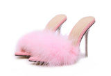 Yellow Fluffy Feather Mule Heels for Women Clear Stiletto Pointed Toe Slip‑On Party High Heels