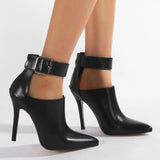 Black Pointed Toe Stiletto Ankle Boots with Buckle