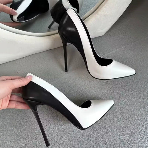 AZMODO Black & White Two-Tone Pointed Toe Stiletto Pumps