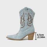 AZMODO Denim Cowboy Boots – Pointed Toe Block Heel