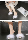 Yellow Fluffy Feather Mule Heels for Women Clear Stiletto Pointed Toe Slip‑On Party High Heels