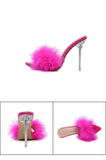 Yellow Fluffy Feather Mule Heels for Women Clear Stiletto Pointed Toe Slip‑On Party High Heels