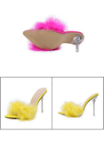 Yellow Fluffy Feather Mule Heels for Women Clear Stiletto Pointed Toe Slip‑On Party High Heels