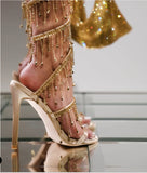 Gold Fringe Chain Stiletto Sandals
