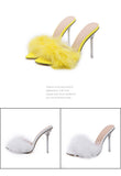 Yellow Fluffy Feather Mule Heels for Women Clear Stiletto Pointed Toe Slip‑On Party High Heels