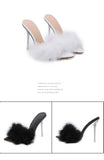 Yellow Fluffy Feather Mule Heels for Women Clear Stiletto Pointed Toe Slip‑On Party High Heels