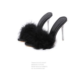 Yellow Fluffy Feather Mule Heels for Women Clear Stiletto Pointed Toe Slip‑On Party High Heels