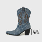 AZMODO Denim Cowboy Boots – Pointed Toe Block Heel
