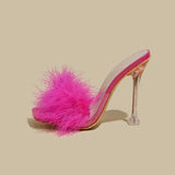 AZMODO White Feather Open Toe Clear Heel Sandals