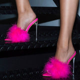 Yellow Fluffy Feather Mule Heels for Women Clear Stiletto Pointed Toe Slip‑On Party High Heels