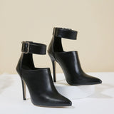 Black Pointed Toe Stiletto Ankle Boots with Buckle