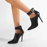 Black Pointed Toe Stiletto Ankle Boots with Buckle