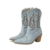 AZMODO Denim Cowboy Boots – Pointed Toe Block Heel