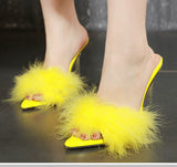 Yellow Fluffy Feather Mule Heels for Women Clear Stiletto Pointed Toe Slip‑On Party High Heels