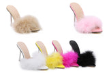 Yellow Fluffy Feather Mule Heels for Women Clear Stiletto Pointed Toe Slip‑On Party High Heels