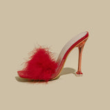 AZMODO White Feather Open Toe Clear Heel Sandals