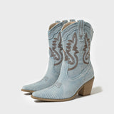 AZMODO Denim Cowboy Boots – Pointed Toe Block Heel