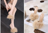 Yellow Fluffy Feather Mule Heels for Women Clear Stiletto Pointed Toe Slip‑On Party High Heels