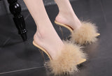 Yellow Fluffy Feather Mule Heels for Women Clear Stiletto Pointed Toe Slip‑On Party High Heels