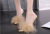 Yellow Fluffy Feather Mule Heels for Women Clear Stiletto Pointed Toe Slip‑On Party High Heels