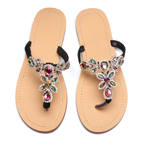 Women Black Jeweled Hand Crafted Crystal Flip Flops Rhinestones Flats Sandals