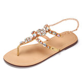 Women Glitter Rhinestones Chains Flat Bling Gladiator Sandals Gold (Plus Size Available)