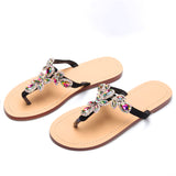 Women Black Jeweled Hand Crafted Crystal Flip Flops Rhinestones Flats Sandals