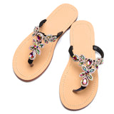 Women Black Jeweled Hand Crafted Crystal Flip Flops Rhinestones Flats Sandals