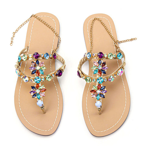 Women Rhinestones Chains Flat Gladiator Sandals Multicolor (Plus Size Available)