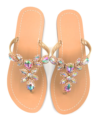 Women Gold Jeweled Hand Crafted Crystal Flip Flops Rhinestones Flats Sandals