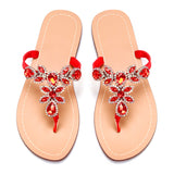 Women Red Jeweled Hand Crafted Crystal Flip Flops Rhinestones Flats Sandals
