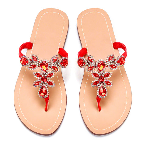 Women Red Jeweled Hand Crafted Crystal Flip Flops Rhinestones Flats Sandals