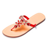 Women Red Jeweled Hand Crafted Crystal Flip Flops Rhinestones Flats Sandals