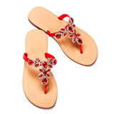 Women Red Jeweled Hand Crafted Crystal Flip Flops Rhinestones Flats Sandals