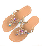 Women Gold Jeweled Hand Crafted Crystal Flip Flops Rhinestones Flats Sandals