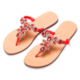 Women Red Jeweled Hand Crafted Crystal Flip Flops Rhinestones Flats Sandals