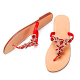 Women Red Jeweled Hand Crafted Crystal Flip Flops Rhinestones Flats Sandals